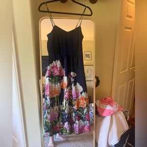 Navy floral silk Anthropologie midi dress